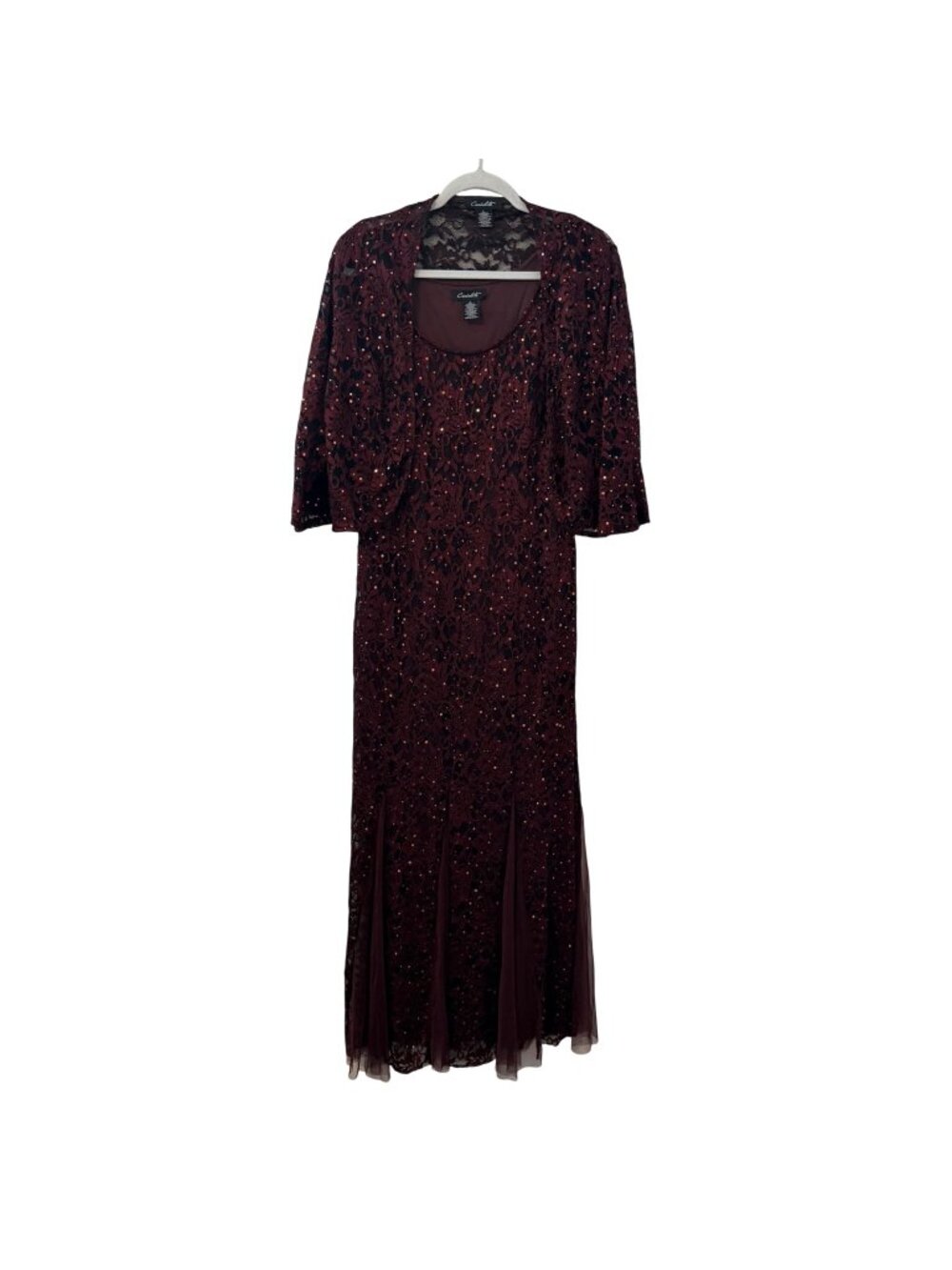 Candalite Burgundy Lace Formal Gown Sequins/ Matching Bolero Jacket Size L Set - Picture 1 of 12
